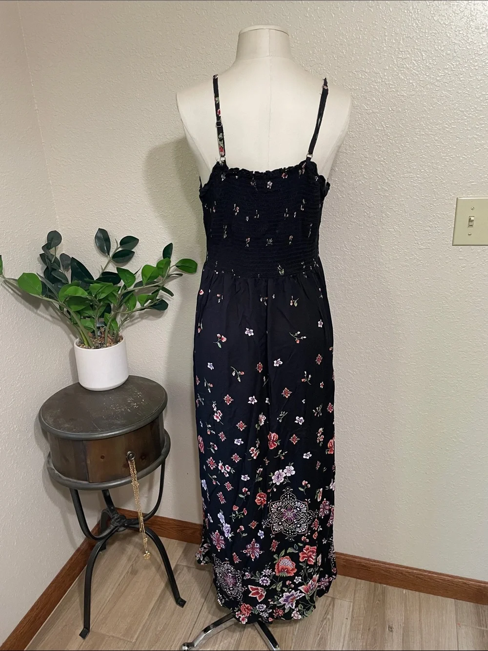 Angie Black Floral Smocked Maxi Dress